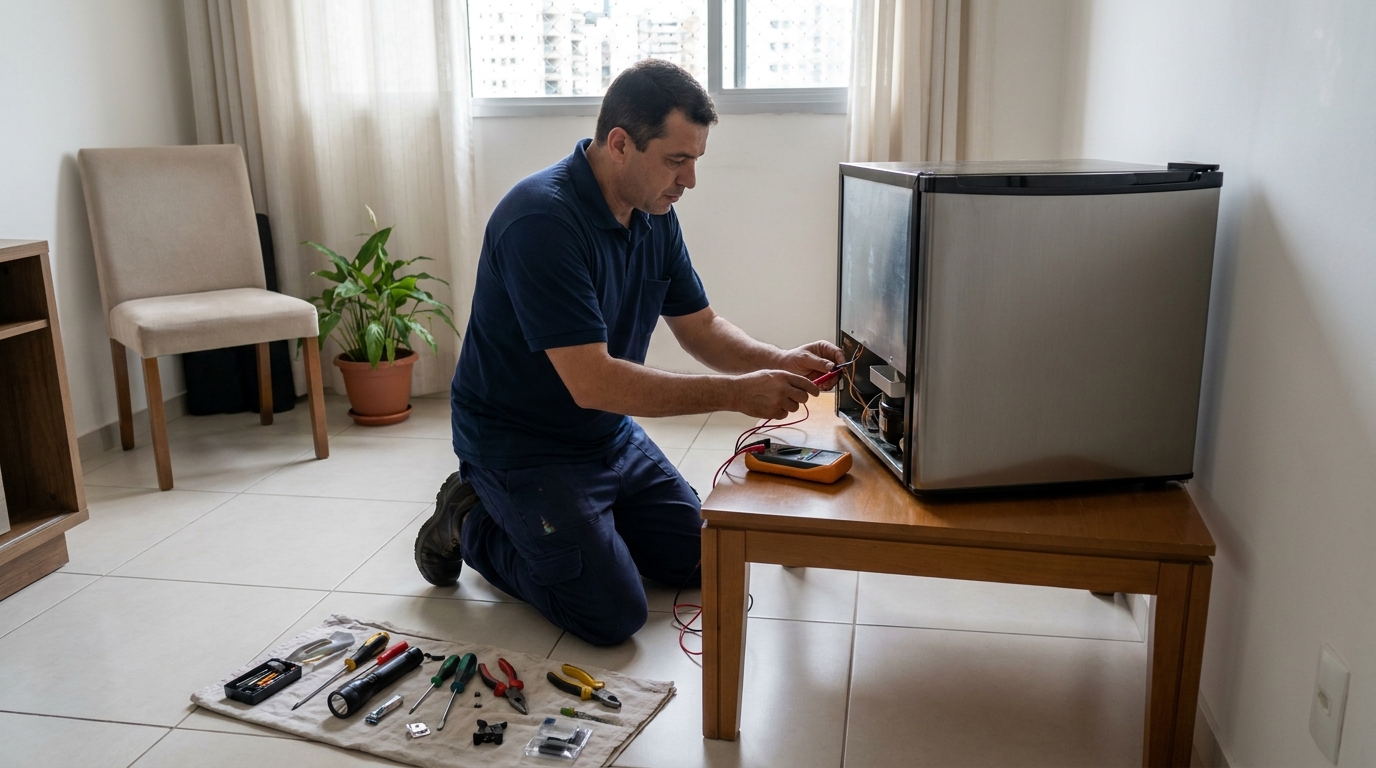 Técnico realizando manutenção de motor de frigobar em São José dos Campos‑SP